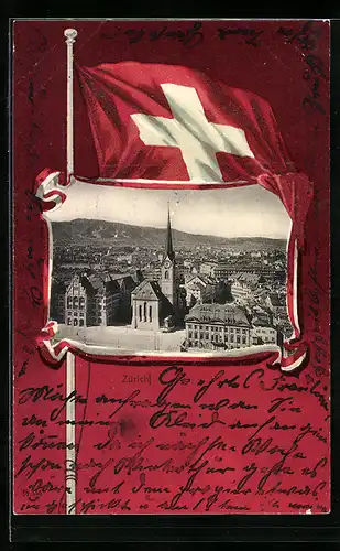AK Zürich, Teilansicht mit Kirche, Passepartout