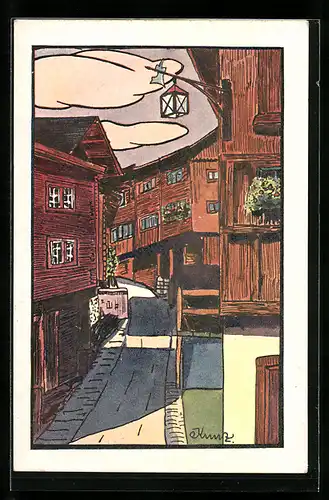 Künstler-AK Alt-Werdenberg, Ortsansicht mit Strassenblick