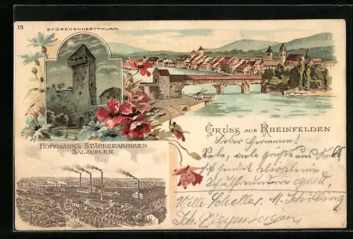 Lithographie Rheinfelden, Storchennest-Thurm bei Nacht, Teilansicht vom Ort