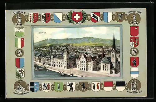 AK Zürich, Panorama mit Kirche, verschiedene Wappen