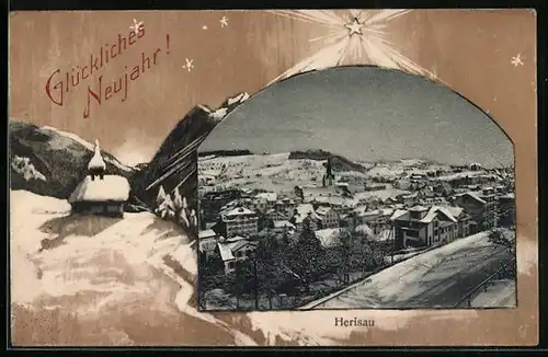 AK Herisau, Teilansicht im Schnee, Neujahrsgruss, Passepartout