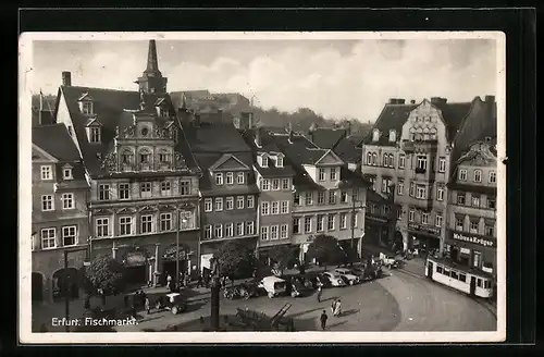 AK Erfurt, Fischmarkt mit Geschäften und Strassenbahn