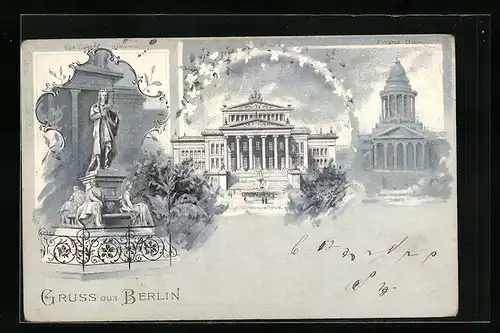 Lithographie Berlin, Gendarmenmarkt, Schiller Denkmal, Königl. Schauspielhaus, Franz Dom