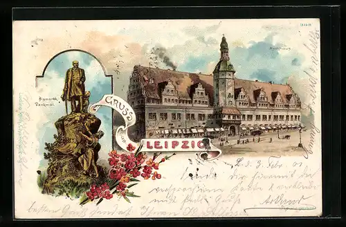 Lithographie Leipzig, Rathaus, Bismarck-Denkmal