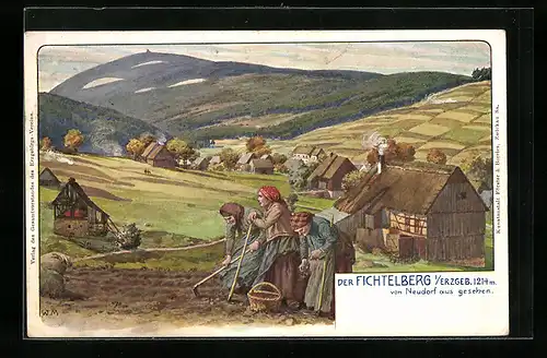 Künstler-AK Neudorf /Erzgeb., Fichtelberg und Bäuerinnen