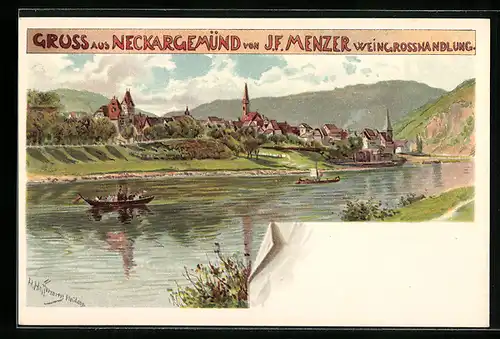 Künstler-AK Neckargemünd, Weingrosshandlung von J. F. Menzer, Teilansicht mit Booten