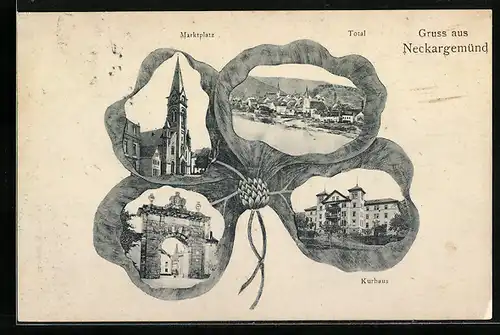 Passepartout-Lithographie Neckargemünd, Ansichten auf Kleeblatt, Kurhaus, Marktplatz