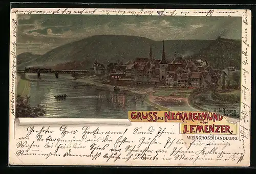 Lithographie Neckargemünd, Totalansicht, Reklame für Weingrosshandlung J. F. Menzer
