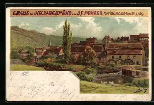 Lithographie Neckargemünd, Teilansicht mit Mühle, Reklame für Weingrosshandlung J. F. Menzer