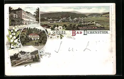 Lithographie Bad Liebenstein, Curhaus, Villa Feodora, Schloss Altenstein