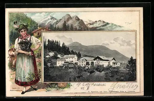 Lithographie Wildbichl, Teilansicht, Tirolerin in Tracht