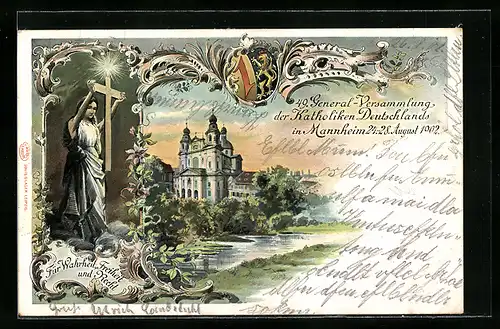 Lithographie Mannheim, 49. General-versammlung der Katholiken Deutschlands 24.-28.8.1902, Kirche & Frau mit Kreuz