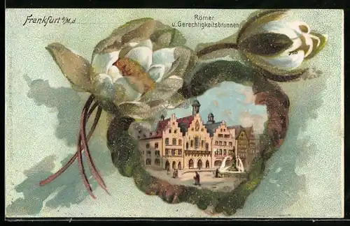 Passepartout-Lithographie Alt-Frankfurt, Römer und Gerechtigkeitsbrunnen