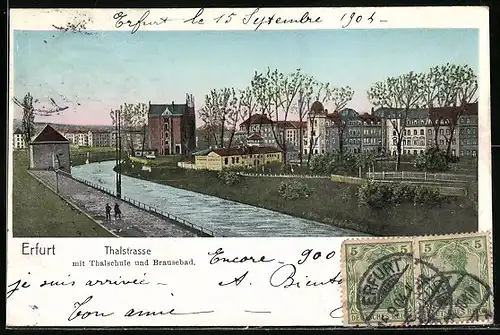 AK Erfurt, Thalstrasse mit Thalschule und Brausebad