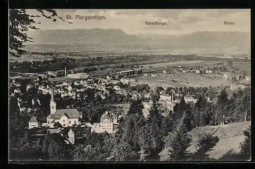 AK St. Margarethen, Ortsansicht mit Rhein und Vorarlberge
