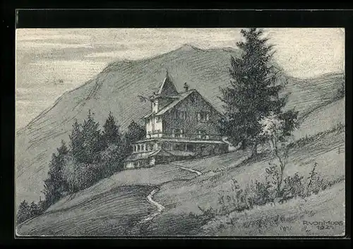 Künstler-AK Schwanden, Bergpanorama mit Blick auf ein Gebäude