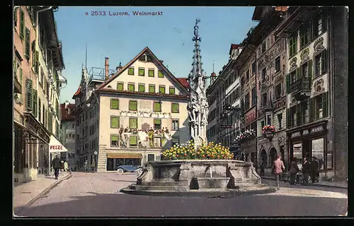 AK Luzern, Weinmarkt mit Pelzgeschäft und Brunnen