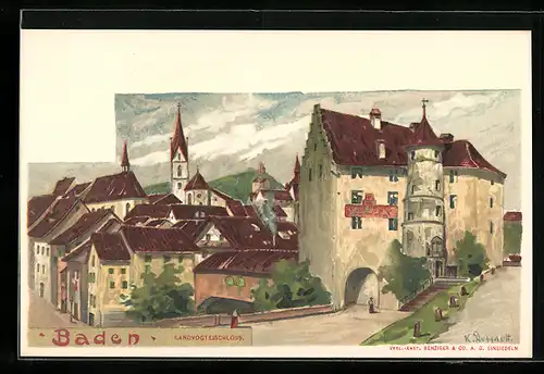 Lithographie Baden, Ansicht auf den Siedlungsort, Landvogteischloss