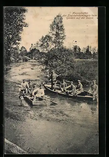 AK Mannschaften der Eisenbahnkompagnie beim Gondeln auf der Suippe