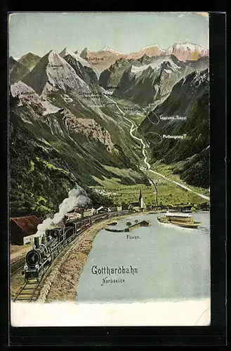 Künstler-AK Flüelen, Gottgardbahn mit St. Gotthard, Wassen und Sustenpass