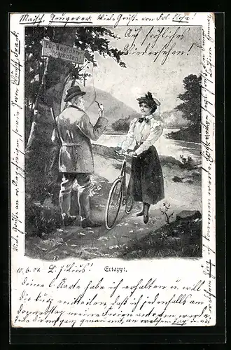 Lithographie Frau mit Fahrrad trifft einen Jäger mit Pfeife, Ertappt