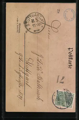 Lithographie Frau mit Fahrrad trifft einen Jäger mit Pfeife, Ertappt