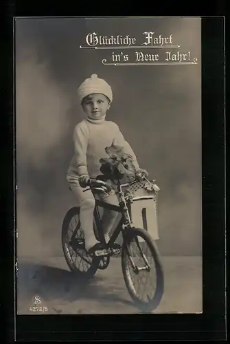 AK Glückliche Fahrt in`s Neue Jahr!, Kind auf Fahrrad