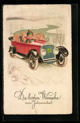 Künstler-AK Autofahrer mit Schweinen im Gepäck