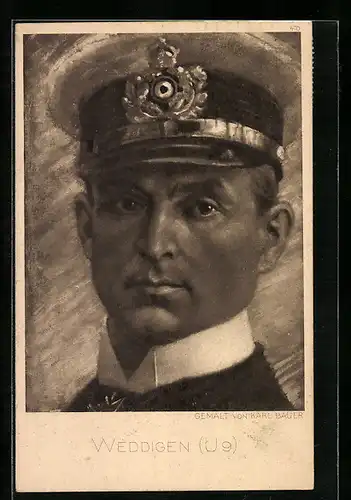 Künstler-AK Portrait von Kapitänleutnant Weddigen in Uniform mit Schirmmütze