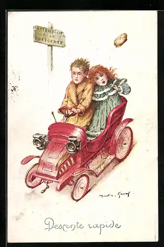 Künstler-AK Kinderpaar fährt Auto