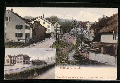 AK Erlenbach a. Zürichsee, Bahnhof und Strassenpartie aus der Ortschaft