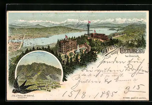 Vorläufer-Lithographie Uetliberg b. Zürich, 1895, Panorama mit Hotel Uetliberg