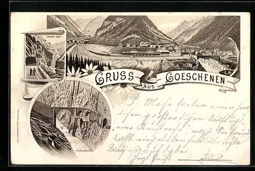 Vorläufer-Lithographie Goeschenen, 1895, Ortsansicht, Teufelsbrücke und Urner-Loch