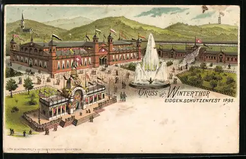 Lithographie Winterthur, Eidgenössisches Schützenfest 1895, Festgelände aus der Vogelschau