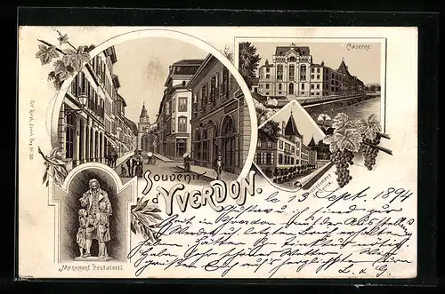 Vorläufer-Lithographie Yverdon, 1894, Caserne, Monument Pestalozzi, Etablissement de Bains