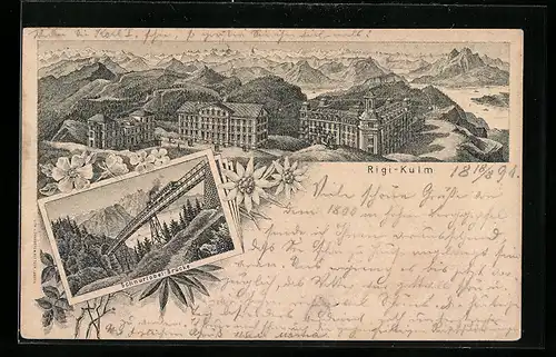 Vorläufer-Lithographie Rigi-Kulm, 1891, Ansicht des Hotels, Schnurtobel-Brücke