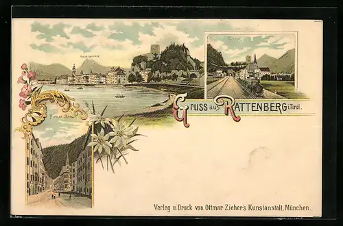 Lithographie Rattenberg i. Tirol, Biener Strasse, Tunnel und Kaisergebirge