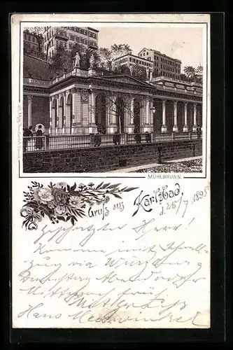 Vorläufer-Lithographie Karlsbad, 1895, Partie am Mühlbrunn