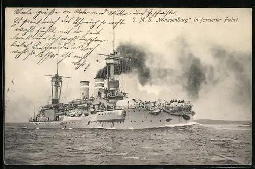 AK SMS Weissenburg in forcierter Fahrt, Kriegsschiff des Ostasiengeschwaders