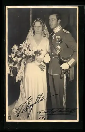 AK Gustav Adolf von Schweden und Sibylla von Sachsen-Coburg-Gotha, Original-Autograph