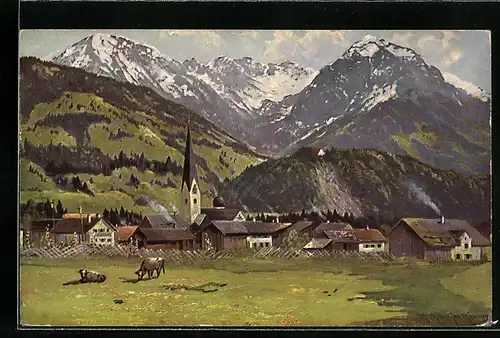 Künstler-AK M. Müller jun.: Fischen i. Allgäu, Ortsansicht mit Schöllangerburg