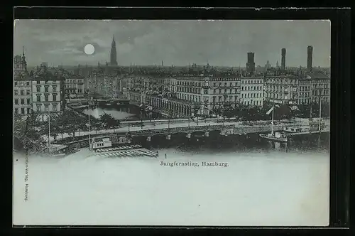 Mondschein-AK Hamburg-Neustadt, Jungfernstieg aus der Vogelschau
