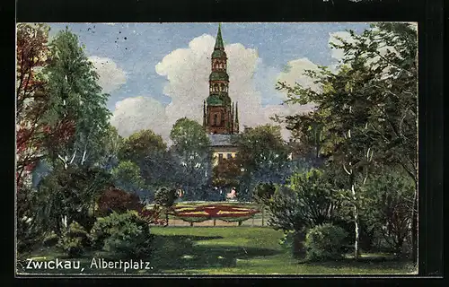 AK Zwickau, Albertplatz mit Gebäudeansicht