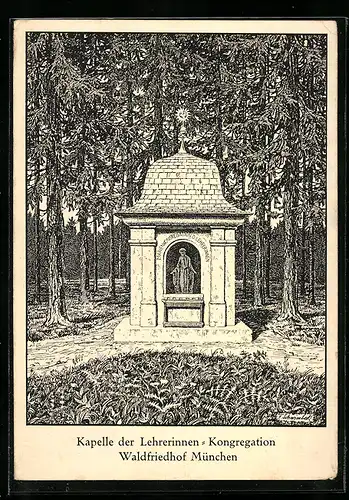 Künstler-AK München-Hadern, Wald-Friedhof, Darstellung der Kapelle der Lehrerinnen-Kongregation