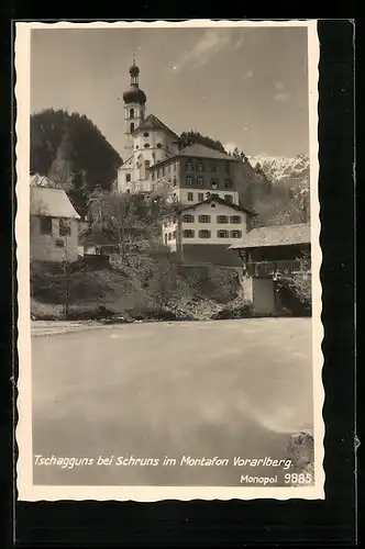AK Tschagguns bei Schruns, Ortspartie mit Brücke