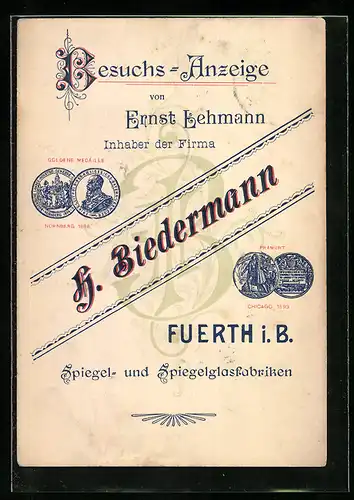AK Fürth i. B., Spiegelfabrik H. Biedermann, Besuchsanzeige