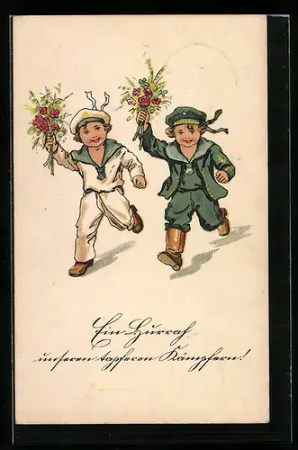 Künstler-AK Kinder in Uniform mit Blumensträussen