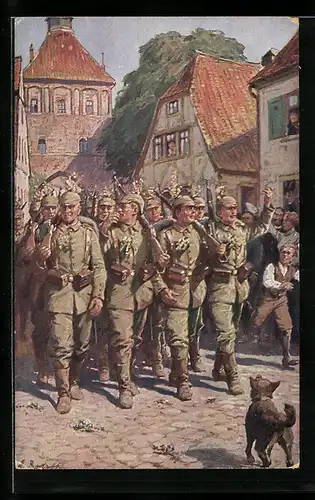 Künstler-AK Soldaten in Uniform mit Pickelhaube und Gewehr auf der Strasse