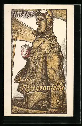 AK Kriegsanleihe, Pilot mit Fliegerkappe und Gewehr im Flugzeug