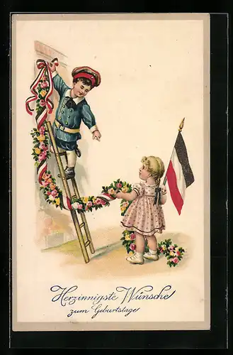 Künstler-AK Kinder in Uniform und Kleid hängen Girlande auf